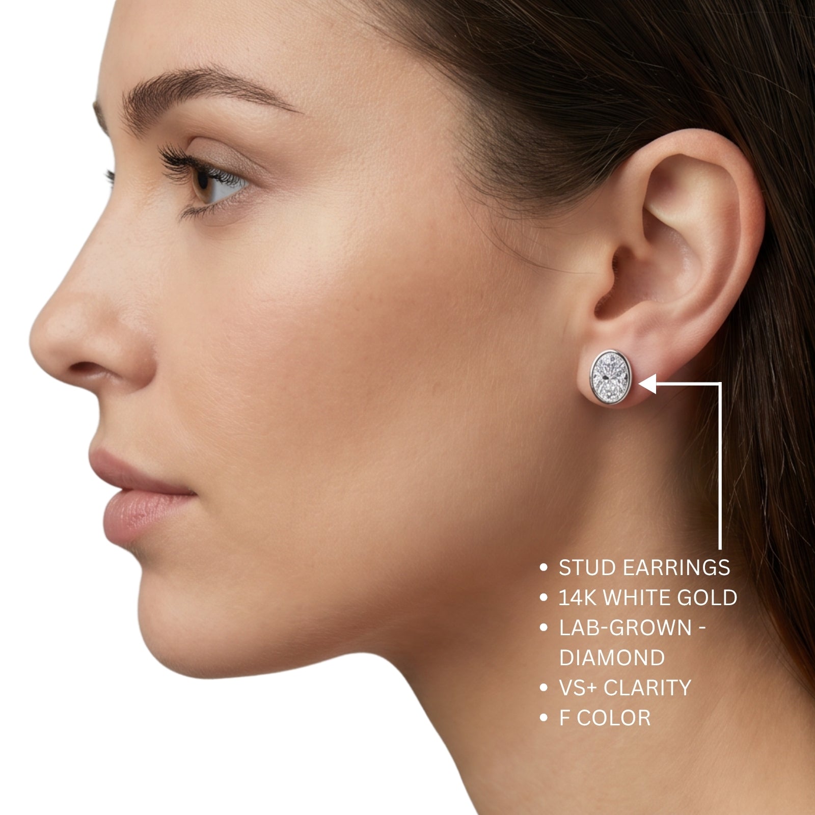 1.00 - 2.00 Carat T.W. Oval-cut Lab Grown Diamond (F/VS+) 14K Gold Bezel set Stud Earrings with Double Notch Post & Pushback