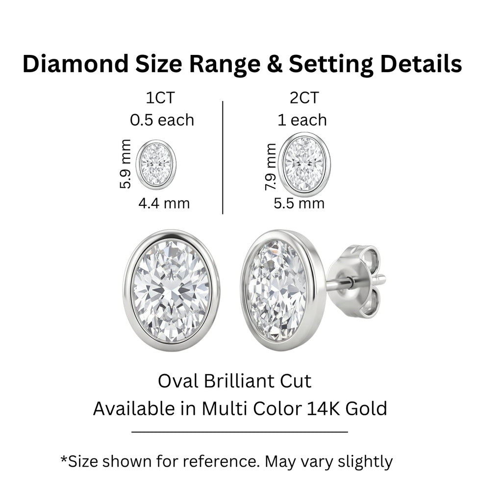 1.00 - 2.00 Carat T.W. Oval-cut Lab Grown Diamond (F/VS+) 14K Gold Bezel set Stud Earrings with Double Notch Post & Pushback