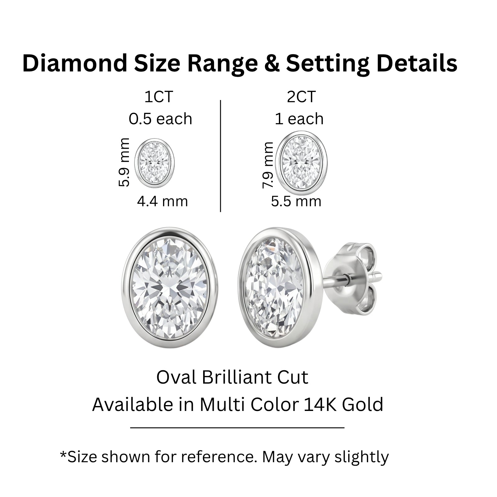 1.00 - 2.00 Carat T.W. Oval-cut Lab Grown Diamond (F/VS+) 14K Gold Bezel set Stud Earrings with Double Notch Post & Pushback