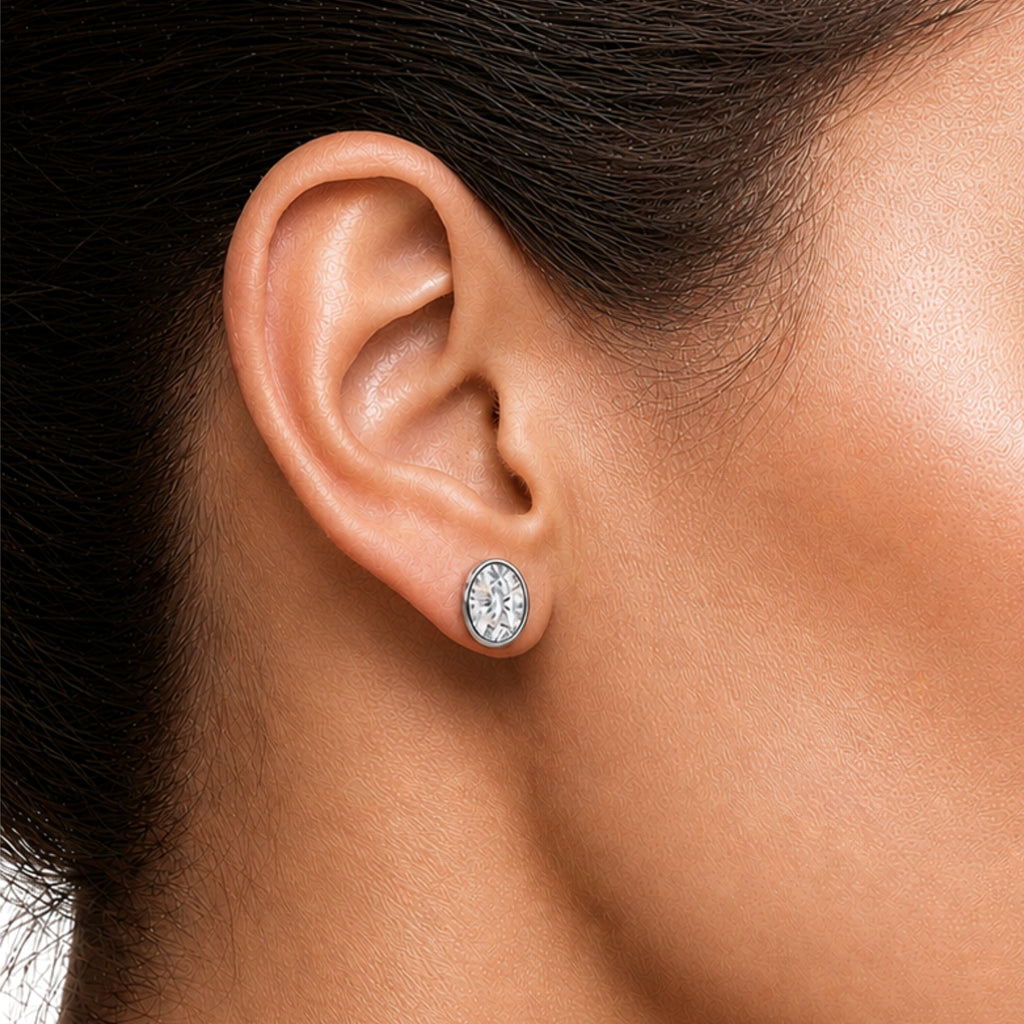 1.00 - 2.00 Carat T.W. Oval-cut Lab Grown Diamond (F/VS+) 14K Gold Bezel set Stud Earrings with Double Notch Post & Pushback