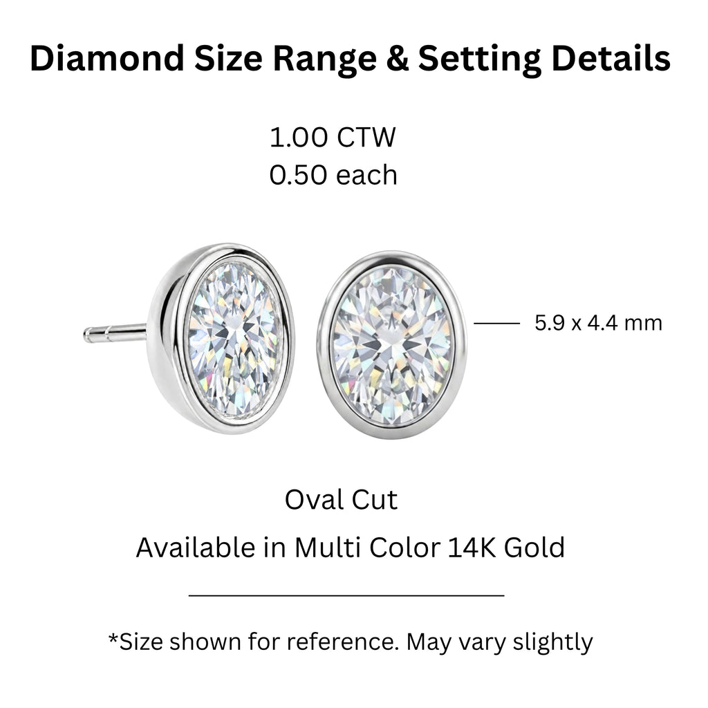 1.00 - 2.00 Carat T.W. Oval-cut Lab Grown Diamond (F/VS+) 14K Gold Bezel set Stud Earrings with Double Notch Post & Pushback