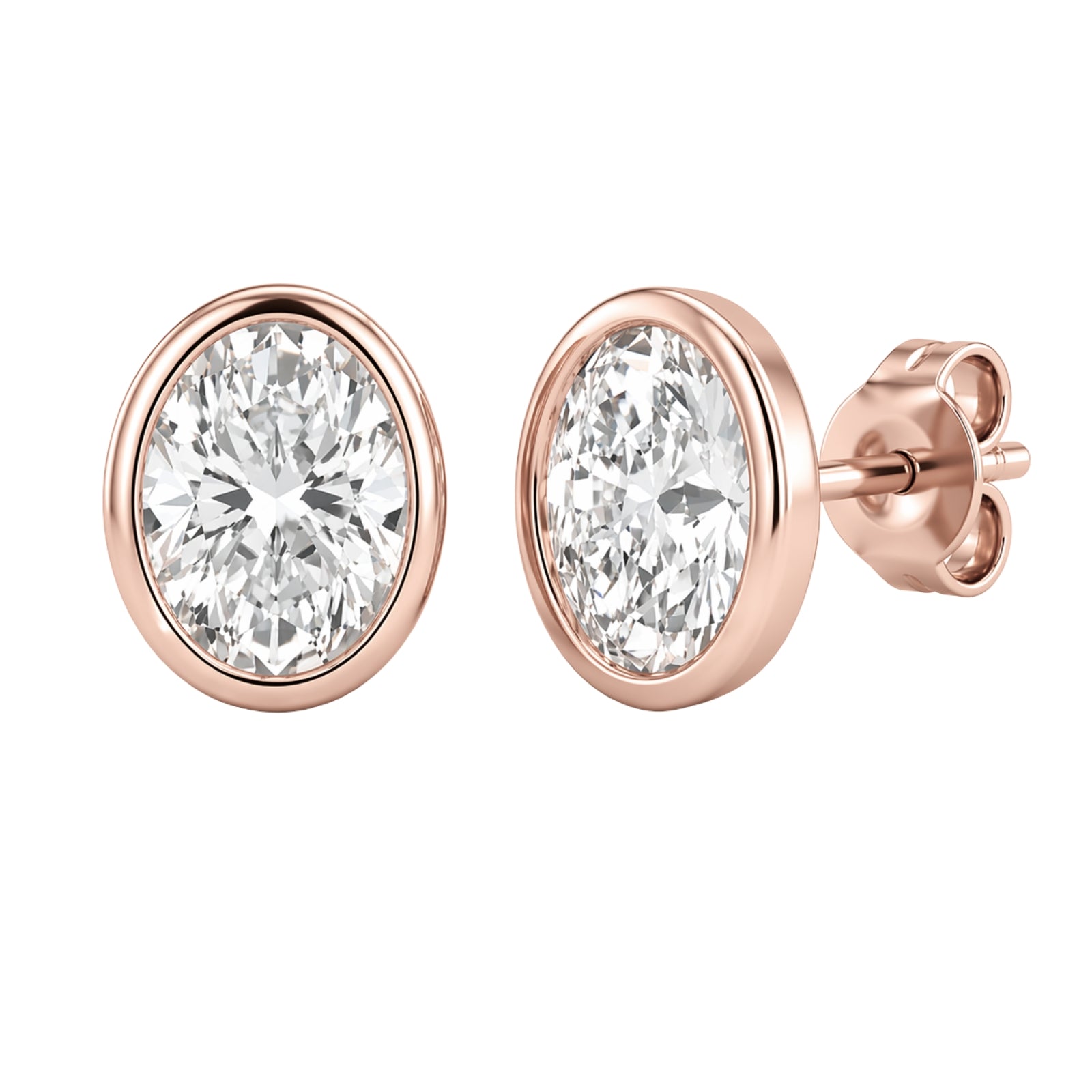 1.00 - 2.00 Carat T.W. Oval-cut Lab Grown Diamond (F/VS+) 14K Gold Bezel set Stud Earrings with Double Notch Post & Pushback