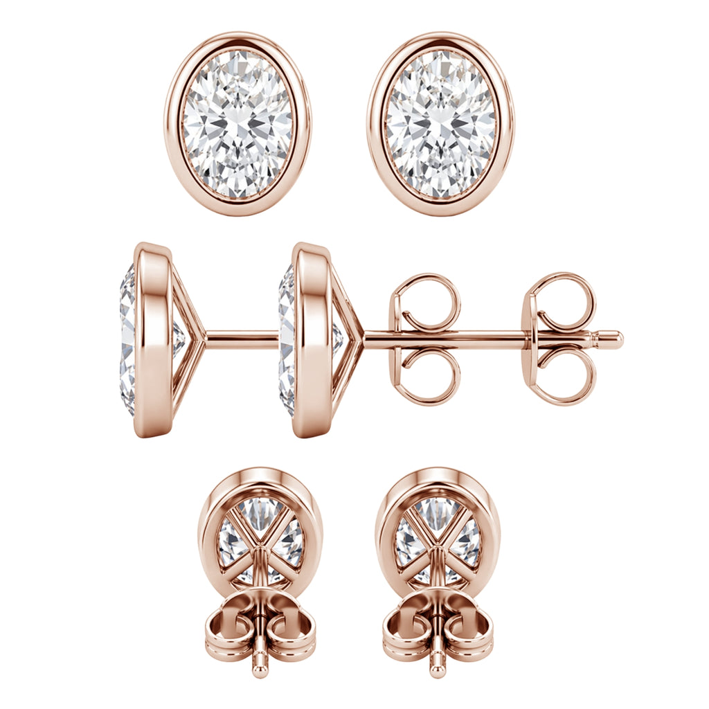 1.00 - 2.00 Carat T.W. Oval-cut Lab Grown Diamond (F/VS+) 14K Gold Bezel set Stud Earrings with Double Notch Post & Pushback
