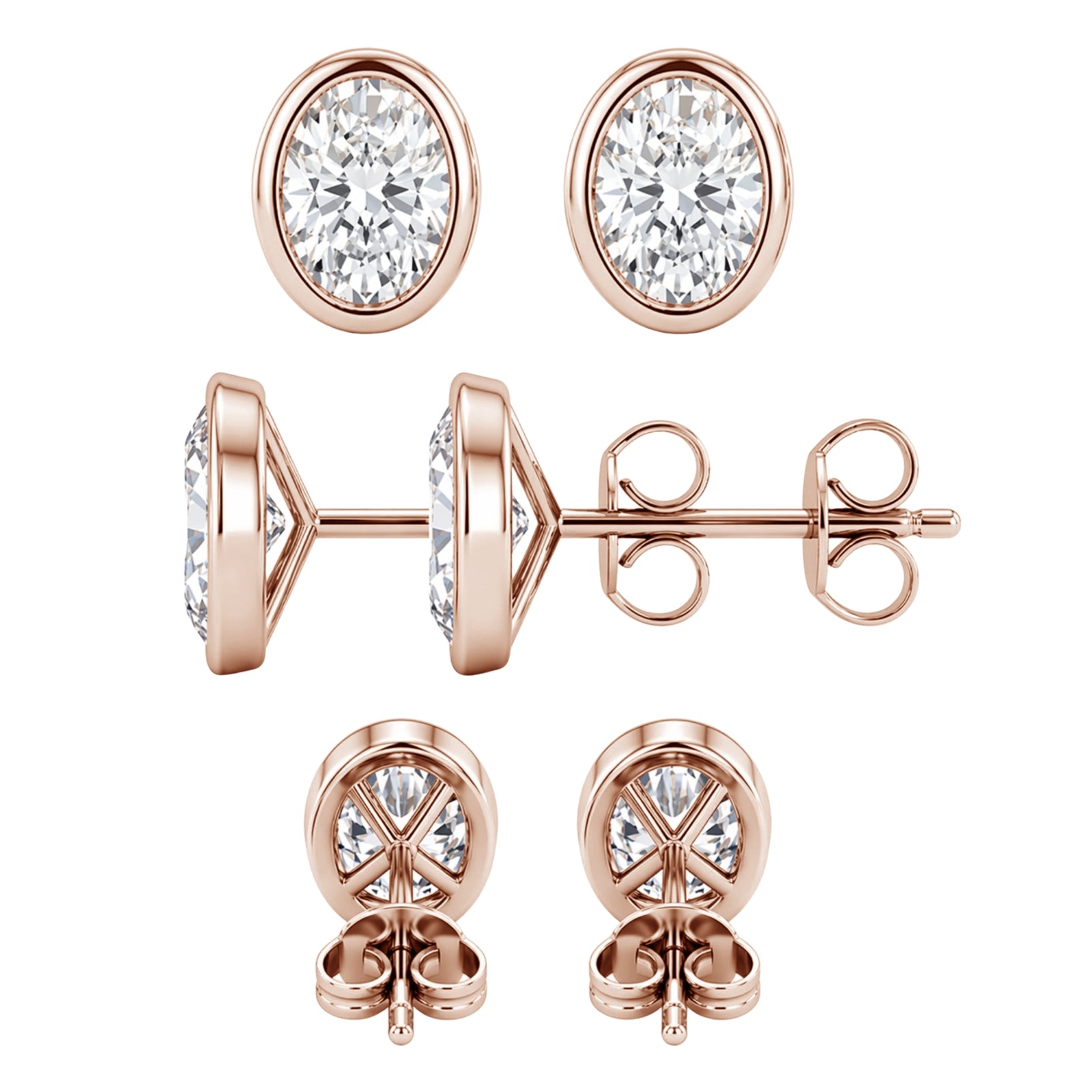 1.00 - 2.00 Carat T.W. Oval-cut Lab Grown Diamond (F/VS+) 14K Gold Bezel set Stud Earrings with Double Notch Post & Pushback