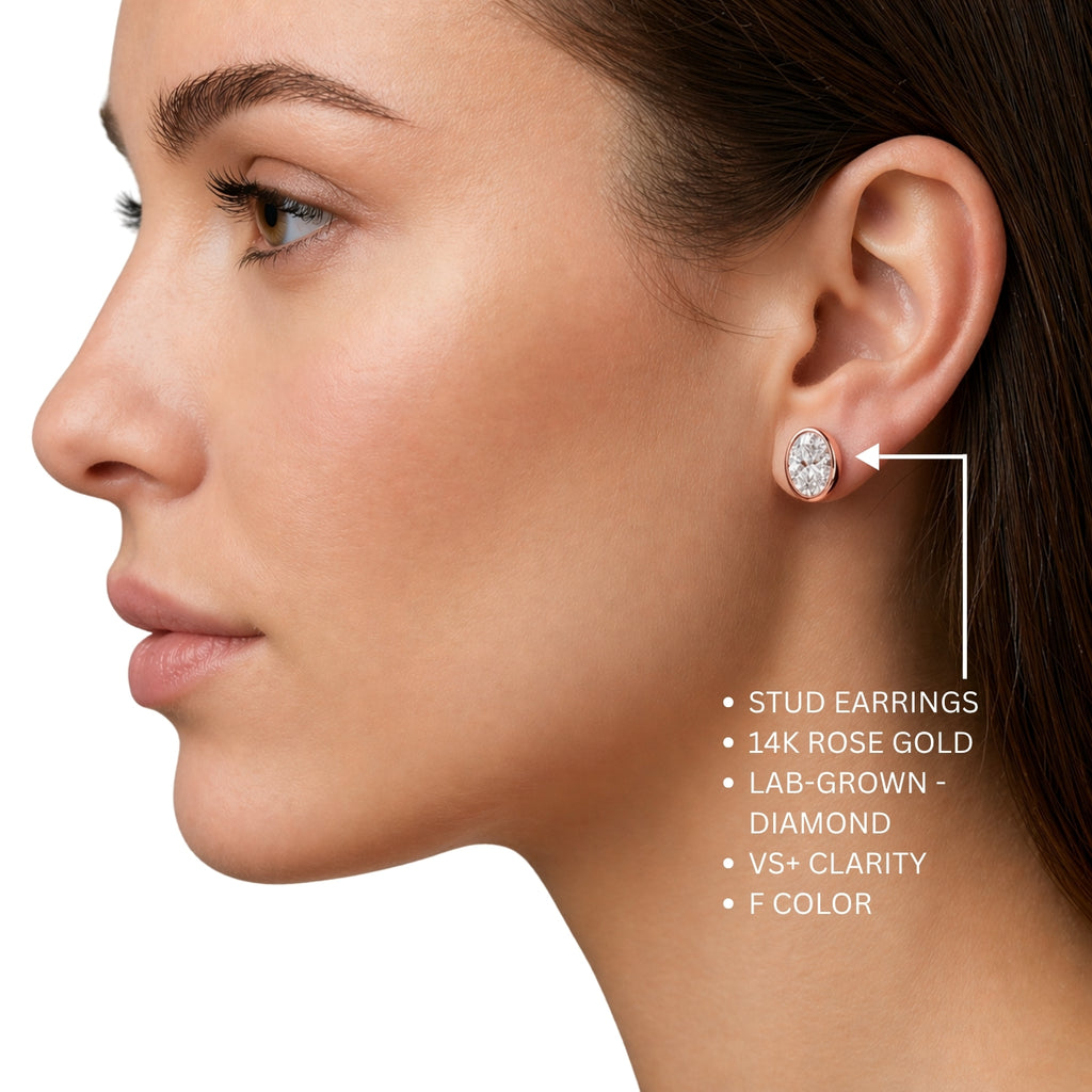 1.00 - 2.00 Carat T.W. Oval-cut Lab Grown Diamond (F/VS+) 14K Gold Bezel set Stud Earrings with Double Notch Post & Pushback