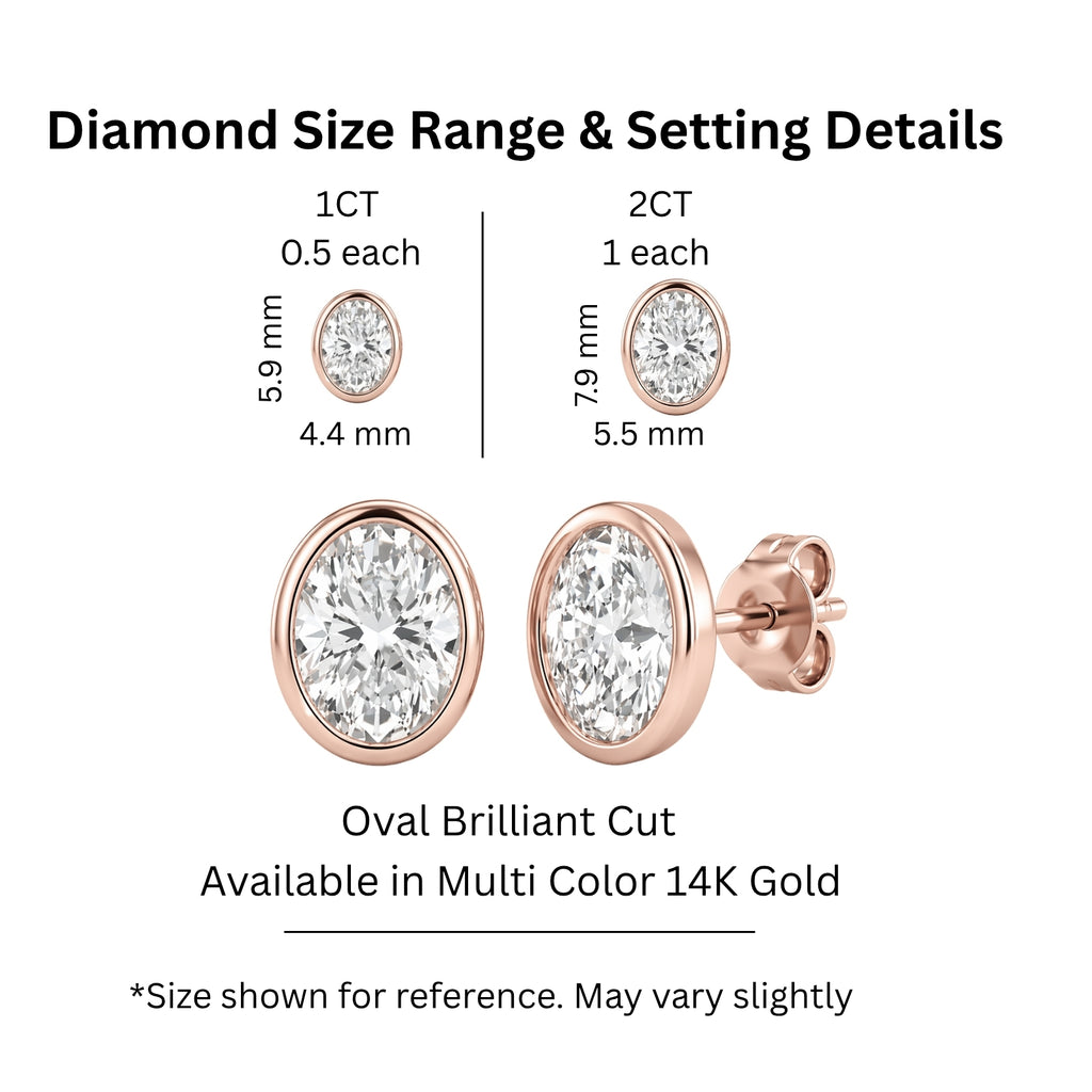 1.00 - 2.00 Carat T.W. Oval-cut Lab Grown Diamond (F/VS+) 14K Gold Bezel set Stud Earrings with Double Notch Post & Pushback