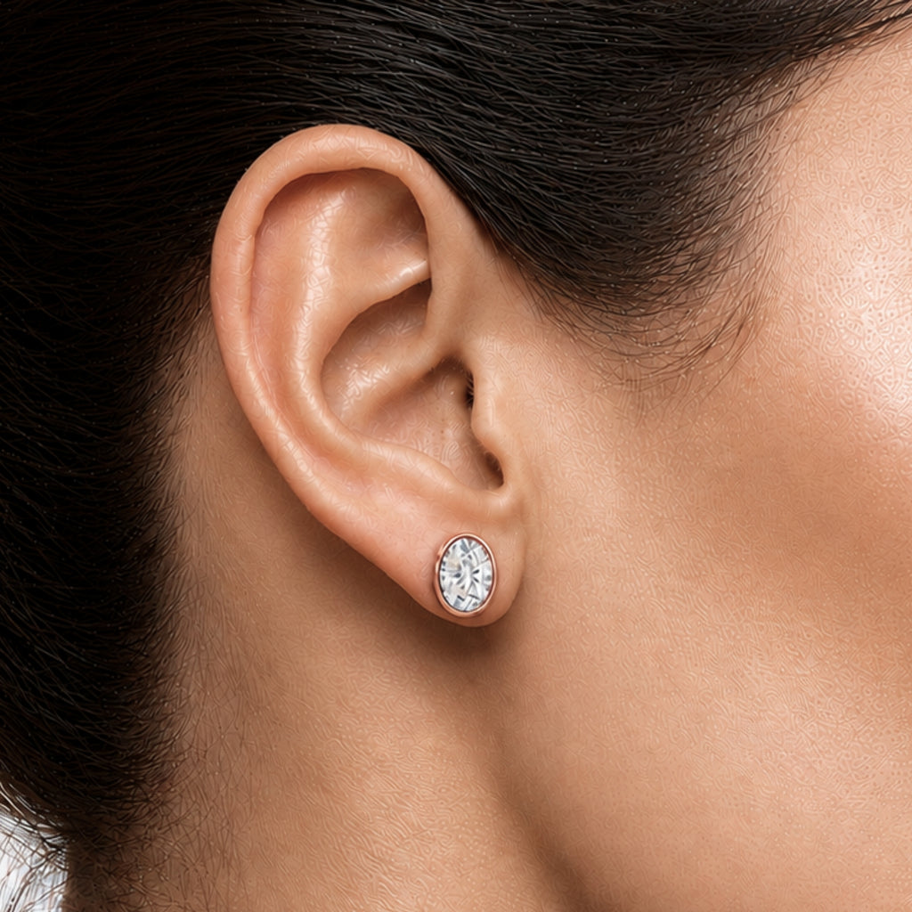 1.00 - 2.00 Carat T.W. Oval-cut Lab Grown Diamond (F/VS+) 14K Gold Bezel set Stud Earrings with Double Notch Post & Pushback