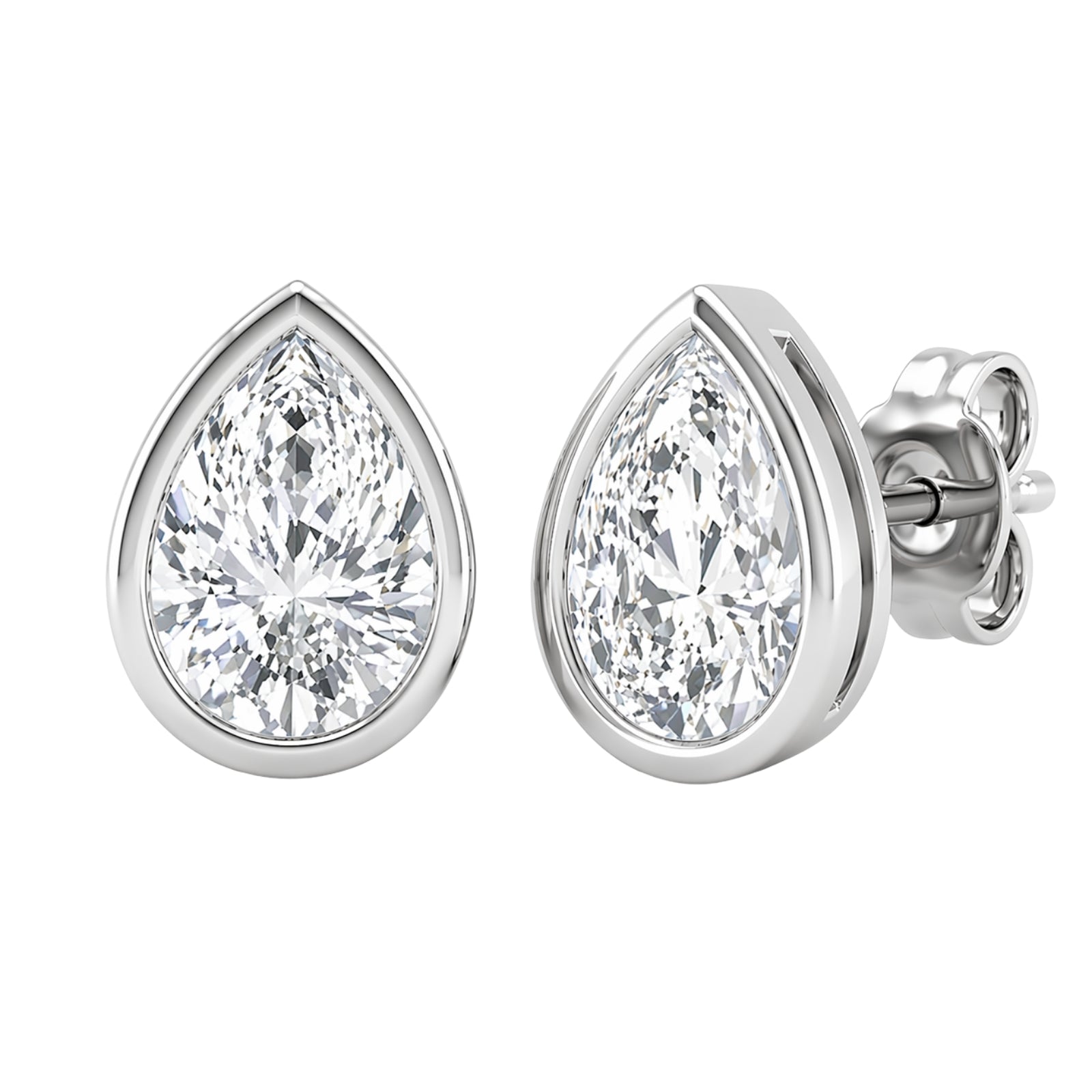 1.00 - 2.00 Carat T.W. Pear-cut Lab Grown Diamond (F/VS+) 14K Gold Bezel set Stud Earrings with Double Notch Post & Pushback