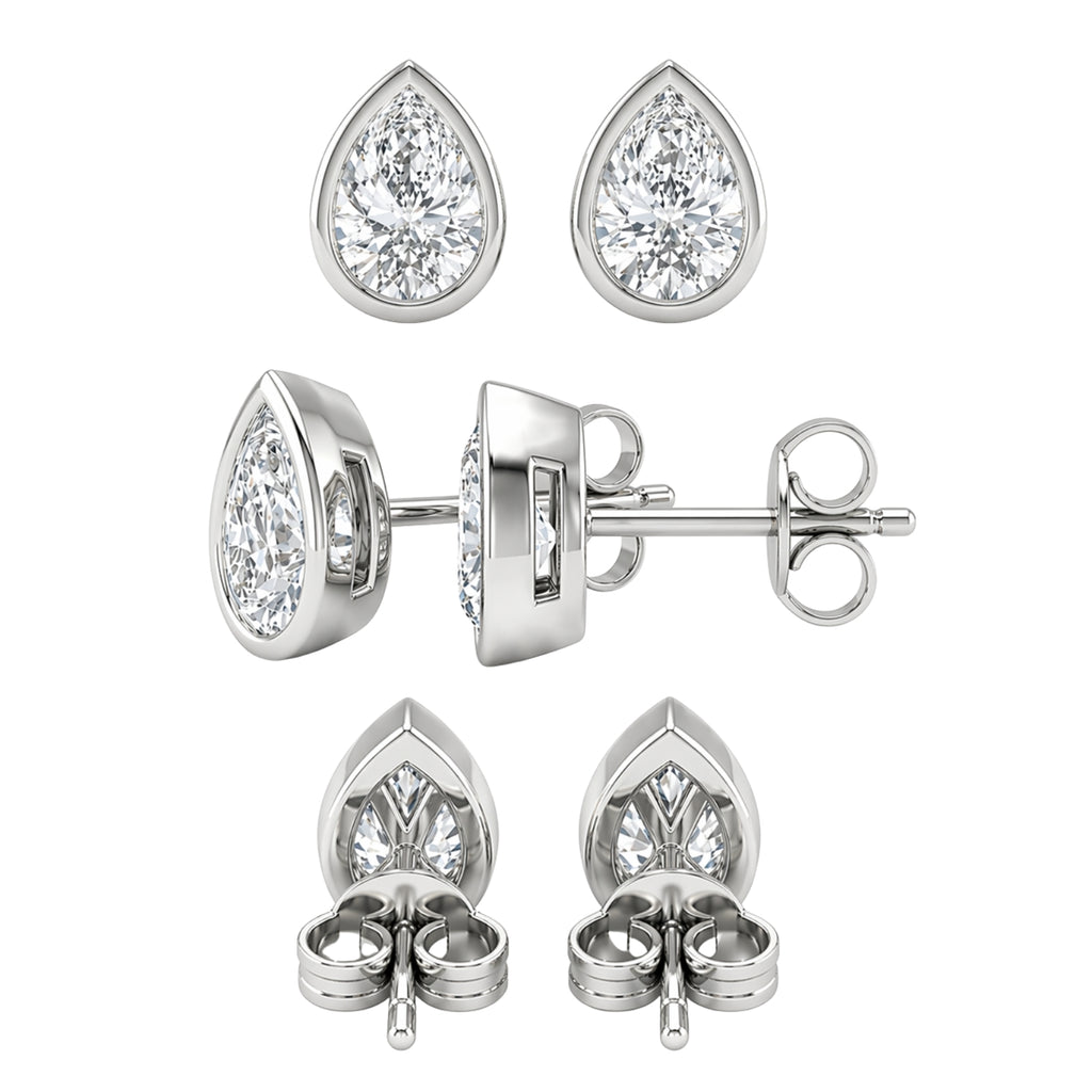 1.00 - 2.00 Carat T.W. Pear-cut Lab Grown Diamond (F/VS+) 14K Gold Bezel set Stud Earrings with Double Notch Post & Pushback