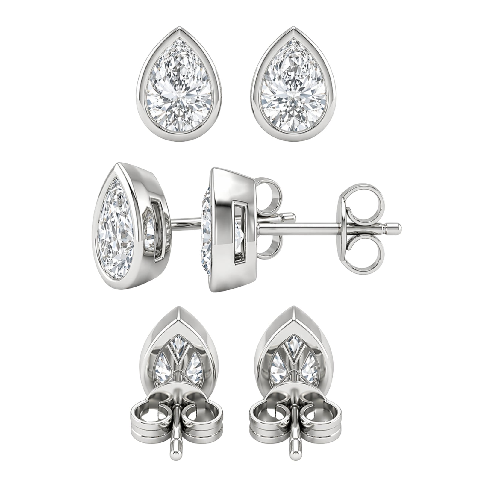 1.00 - 2.00 Carat T.W. Pear-cut Lab Grown Diamond (F/VS+) 14K Gold Bezel set Stud Earrings with Double Notch Post & Pushback