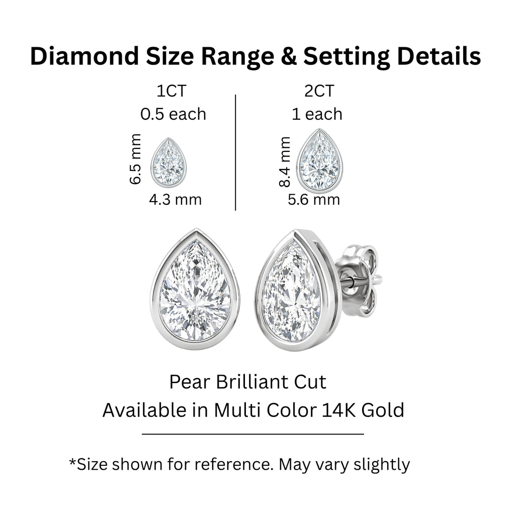 1.00 - 2.00 Carat T.W. Pear-cut Lab Grown Diamond (F/VS+) 14K Gold Bezel set Stud Earrings with Double Notch Post & Pushback