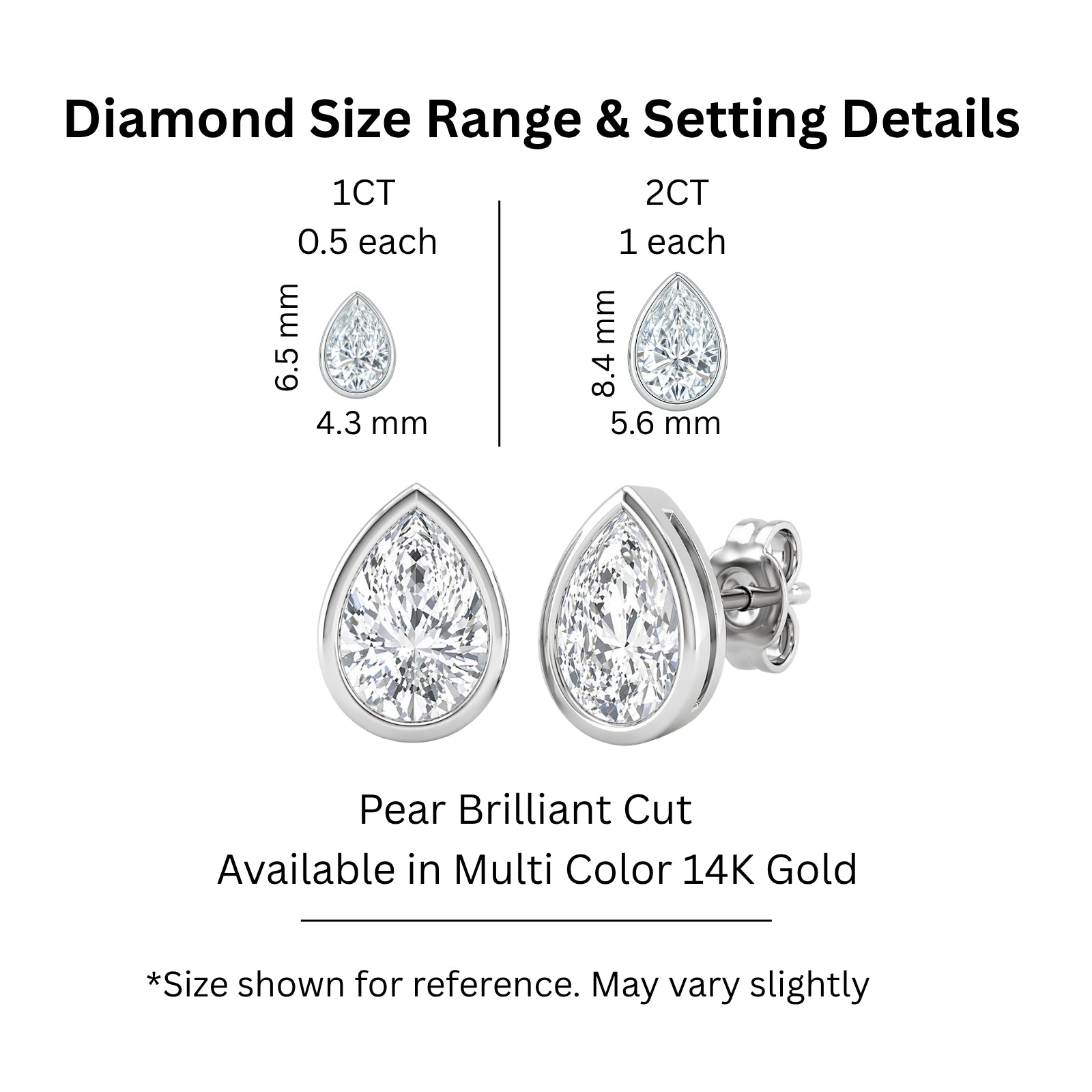 1.00 - 2.00 Carat T.W. Pear-cut Lab Grown Diamond (F/VS+) 14K Gold Bezel set Stud Earrings with Double Notch Post & Pushback