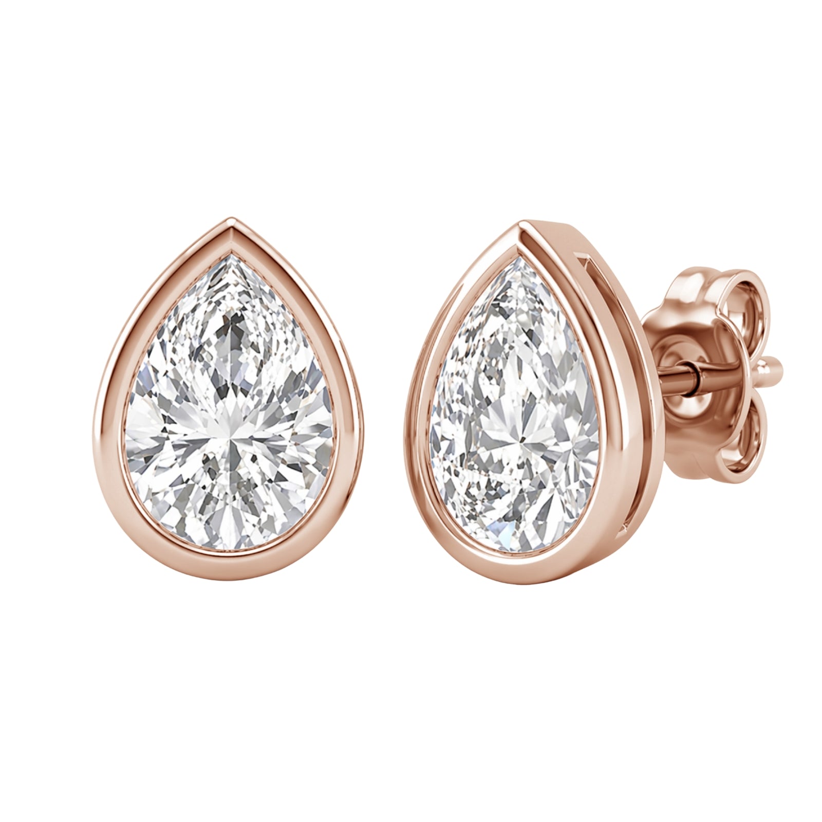 1.00 - 2.00 Carat T.W. Pear-cut Lab Grown Diamond (F/VS+) 14K Gold Bezel set Stud Earrings with Double Notch Post & Pushback