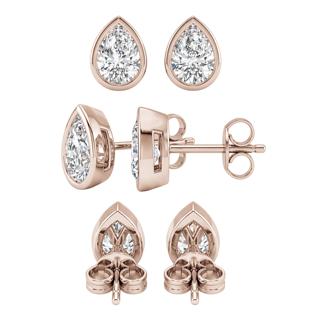 1.00 - 2.00 Carat T.W. Pear-cut Lab Grown Diamond (F/VS+) 14K Gold Bezel set Stud Earrings with Double Notch Post & Pushback