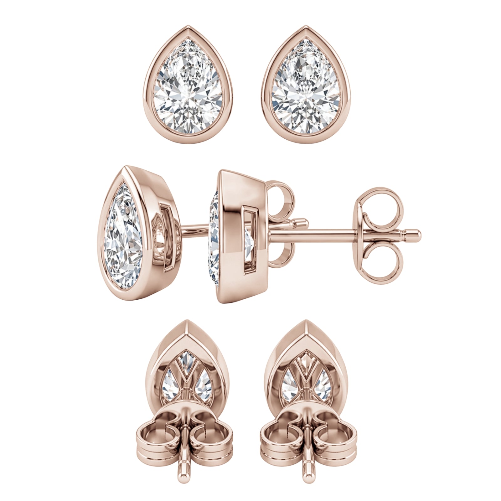1.00 - 2.00 Carat T.W. Pear-cut Lab Grown Diamond (F/VS+) 14K Gold Bezel set Stud Earrings with Double Notch Post & Pushback