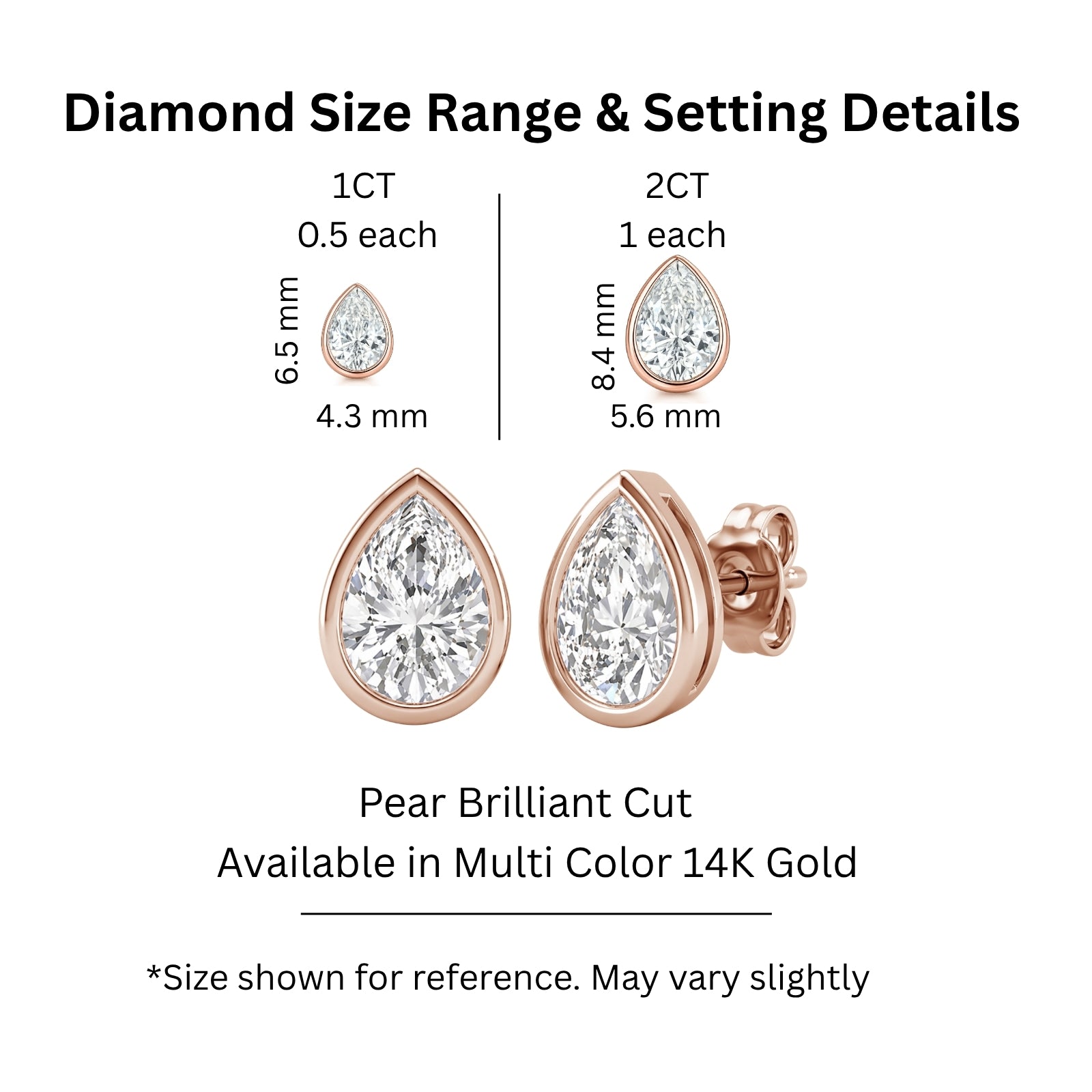 1.00 - 2.00 Carat T.W. Pear-cut Lab Grown Diamond (F/VS+) 14K Gold Bezel set Stud Earrings with Double Notch Post & Pushback