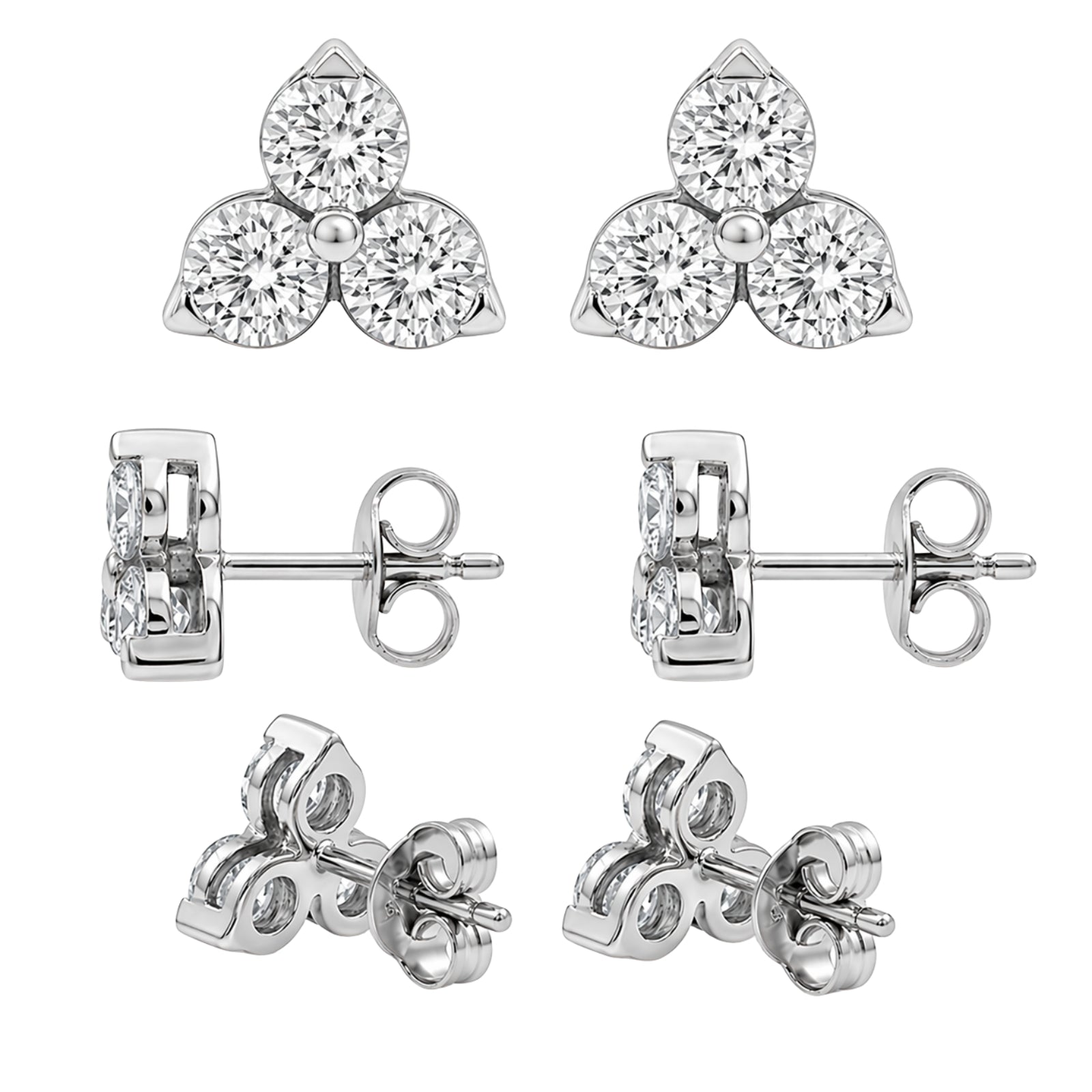 0.25 - 3.00 Carat T.W. Round-cut Lab Grown Diamond (F/VS+) 14K Gold 3 Stone Earrings with Double Notch Post & Pushback