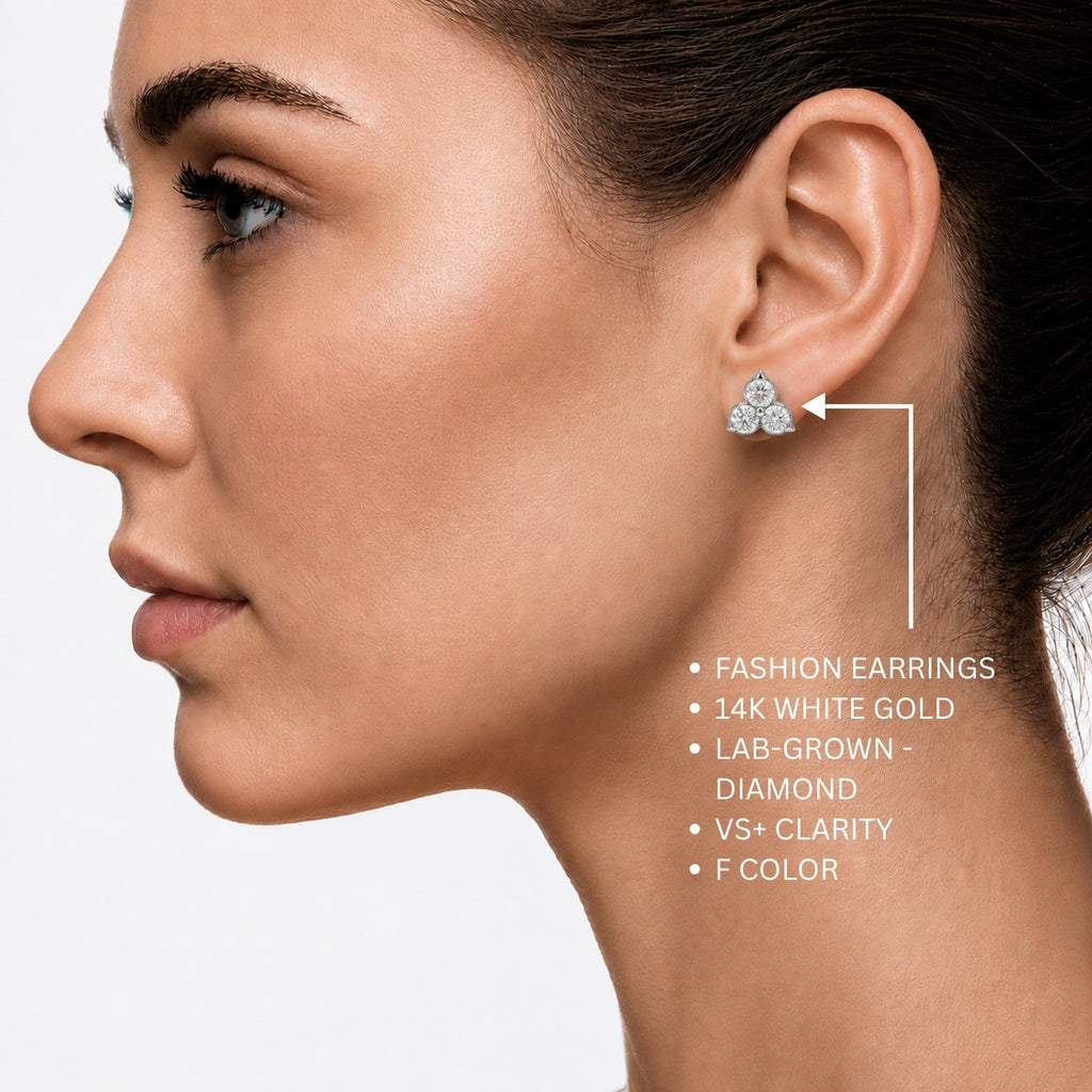 0.25 - 3.00 Carat T.W. Round-cut Lab Grown Diamond (F/VS+) 14K Gold 3 Stone Earrings with Double Notch Post & Pushback