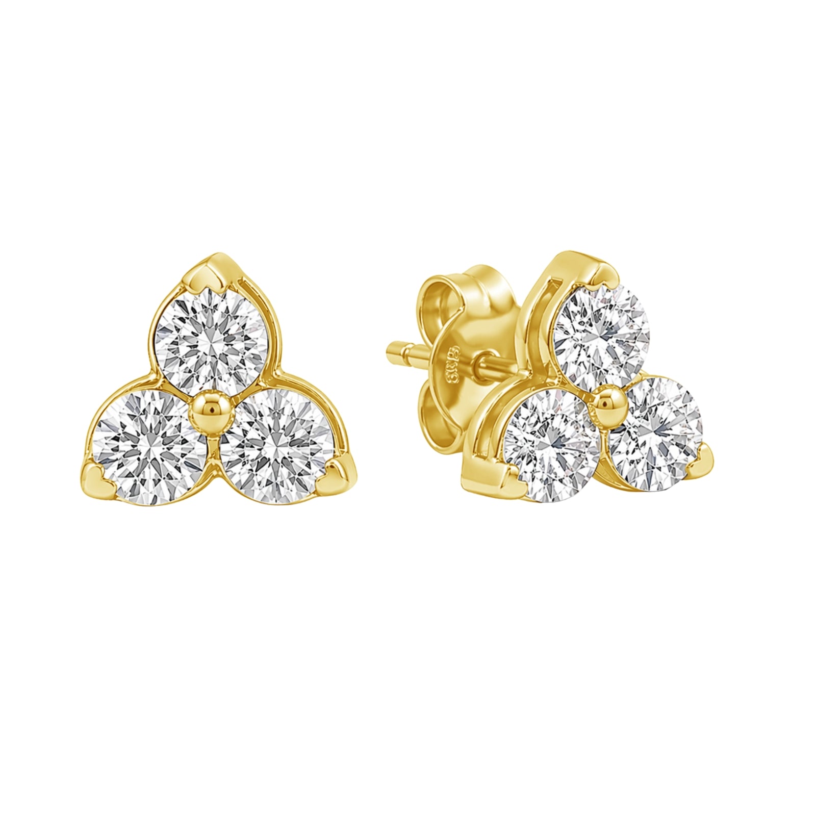 0.25 - 3.00 Carat T.W. Round-cut Lab Grown Diamond (F/VS+) 14K Gold 3 Stone Earrings with Double Notch Post & Pushback