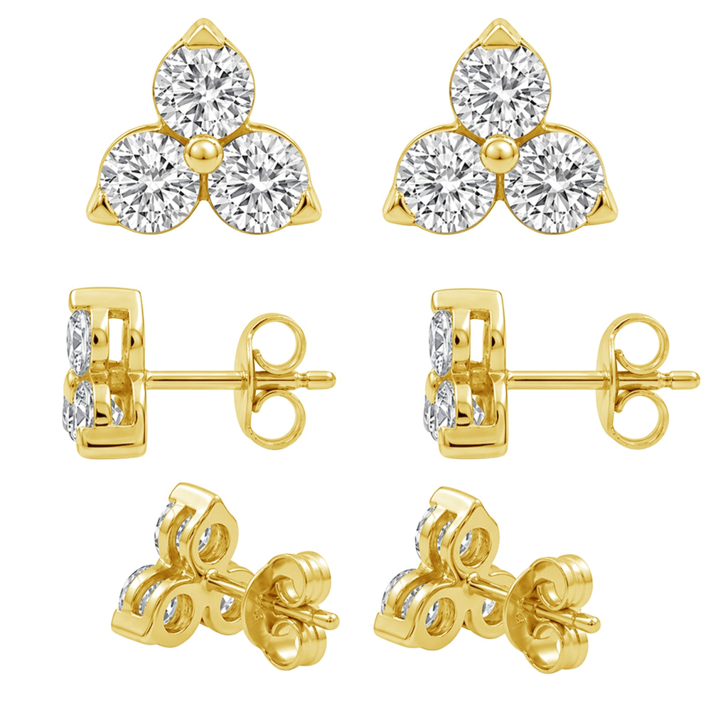 0.25 - 3.00 Carat T.W. Round-cut Lab Grown Diamond (F/VS+) 14K Gold 3 Stone Earrings with Double Notch Post & Pushback