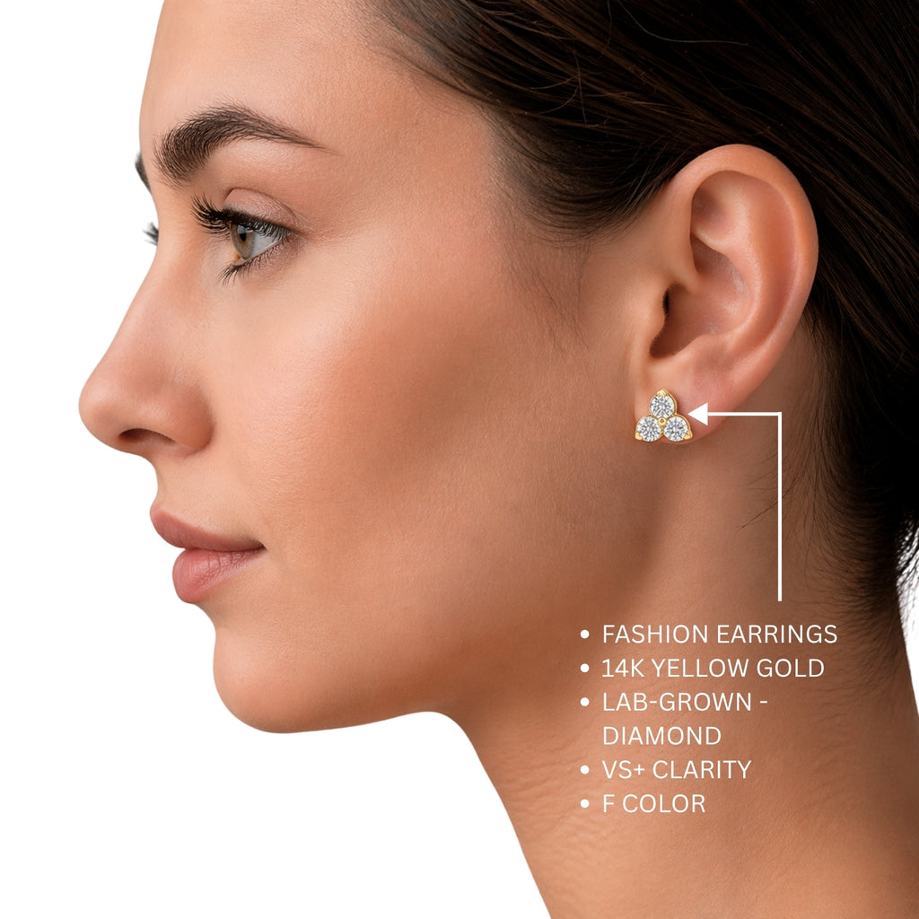 0.25 - 3.00 Carat T.W. Round-cut Lab Grown Diamond (F/VS+) 14K Gold 3 Stone Earrings with Double Notch Post & Pushback
