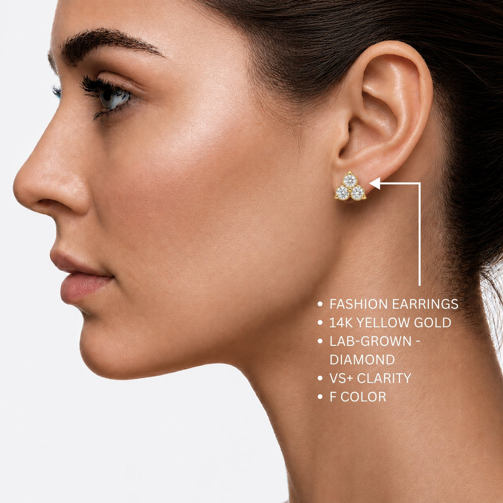 0.25 - 3.00 Carat T.W. Round-cut Lab Grown Diamond (F/VS+) 14K Gold 3 Stone Earrings with Double Notch Post & Pushback