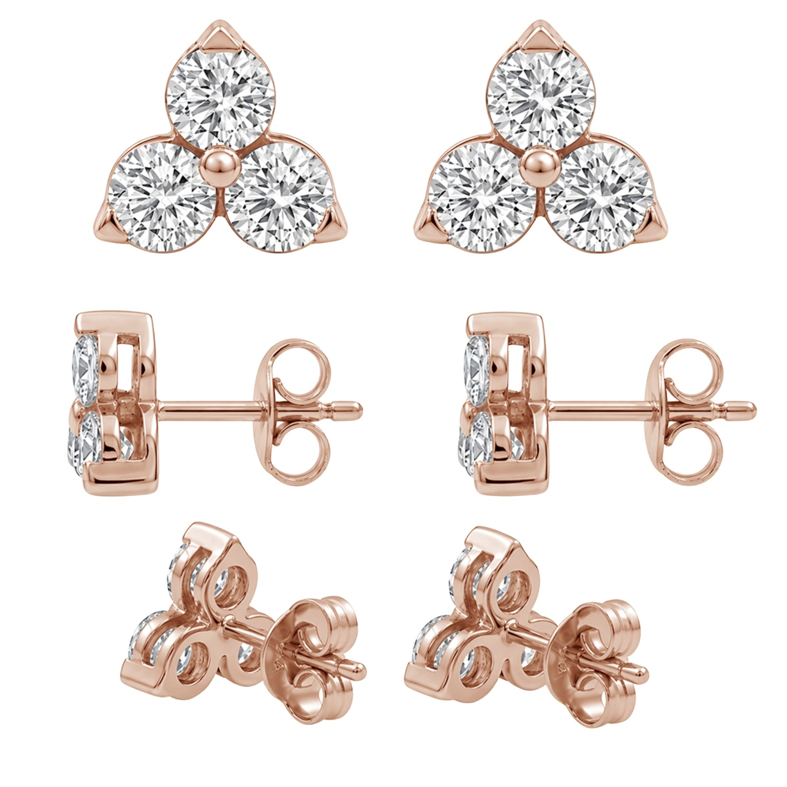 0.25 - 3.00 Carat T.W. Round-cut Lab Grown Diamond (F/VS+) 14K Gold 3 Stone Earrings with Double Notch Post & Pushback