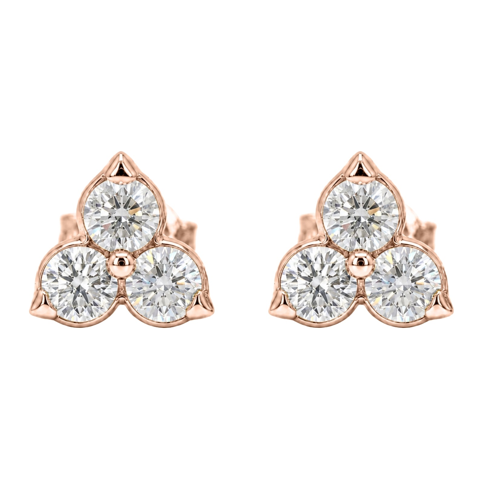 0.25 - 3.00 Carat T.W. Round-cut Lab Grown Diamond (F/VS+) 14K Gold 3 Stone Earrings with Double Notch Post & Pushback