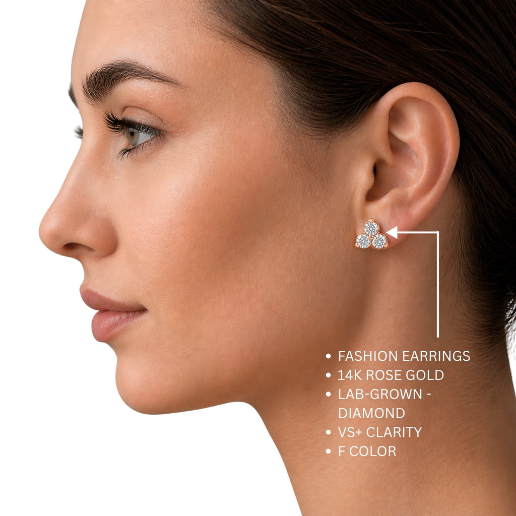 0.25 - 3.00 Carat T.W. Round-cut Lab Grown Diamond (F/VS+) 14K Gold 3 Stone Earrings with Double Notch Post & Pushback