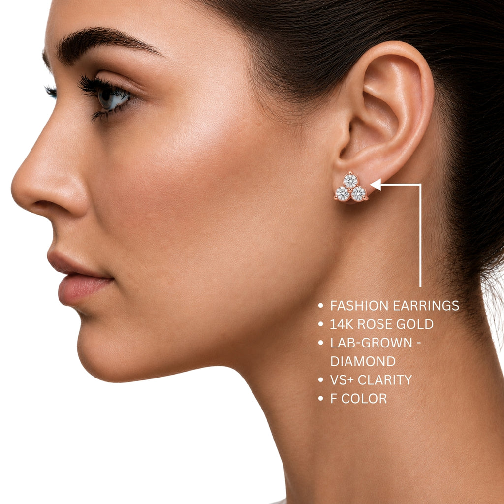 0.25 - 3.00 Carat T.W. Round-cut Lab Grown Diamond (F/VS+) 14K Gold 3 Stone Earrings with Double Notch Post & Pushback
