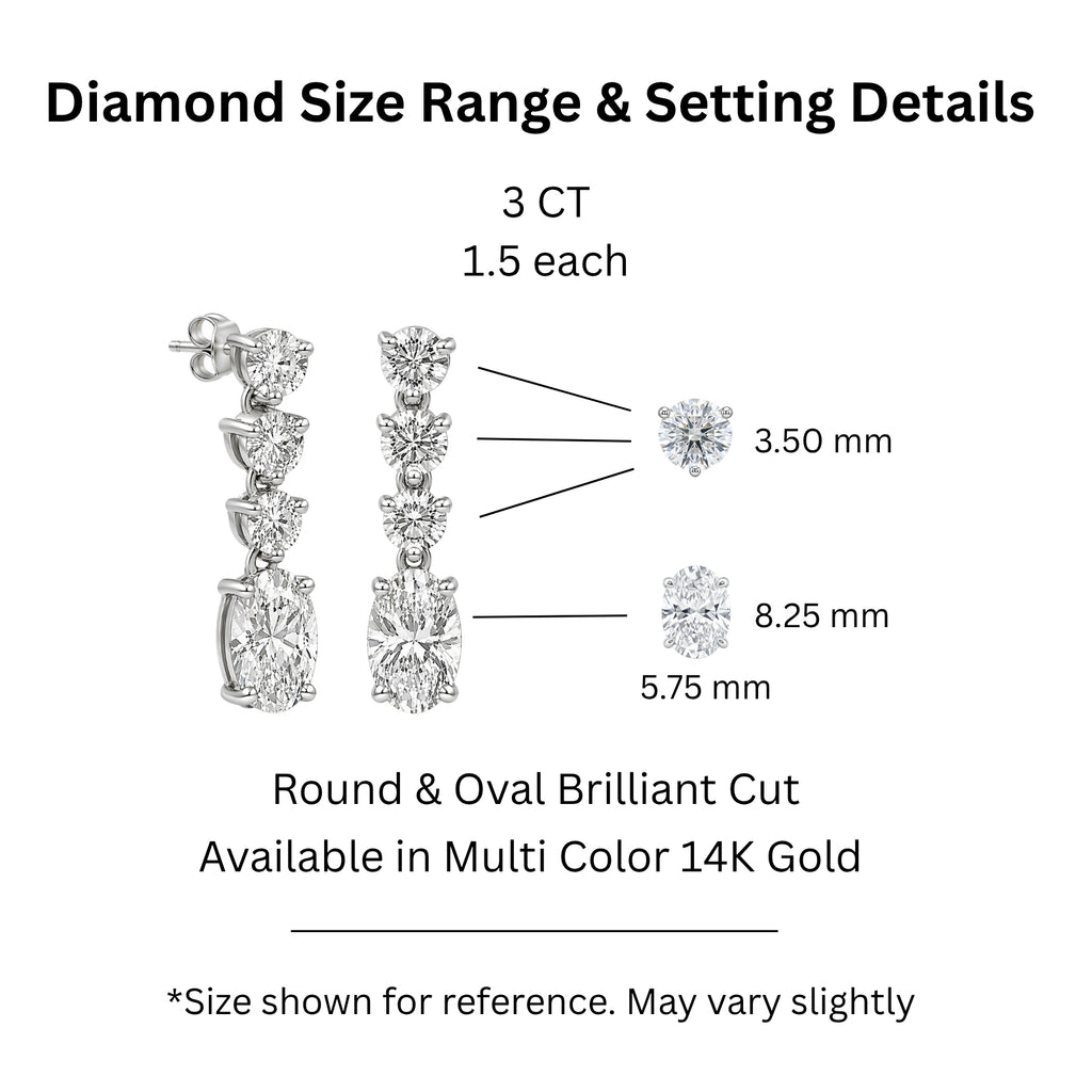 3.00 Carat T.W. Oval/Round-cut Lab Grown Diamond (F/VS+) 14K Gold Drop Earrings with Double Notch Post & Pushback