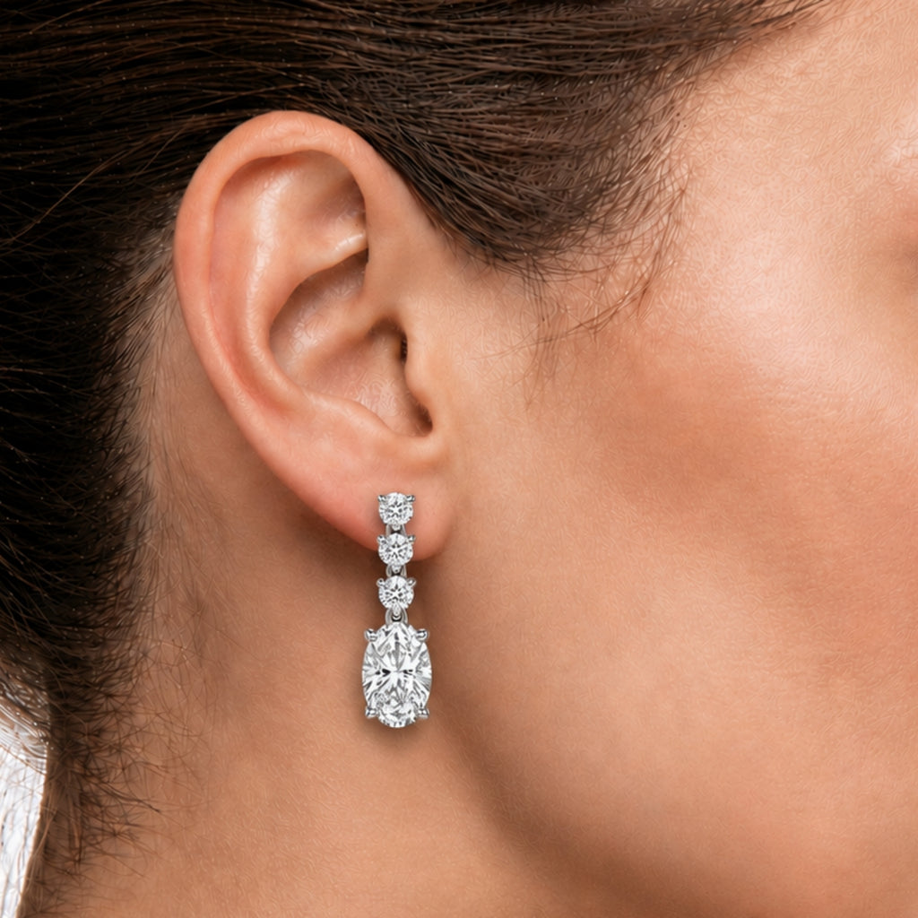 3.00 Carat T.W. Oval/Round-cut Lab Grown Diamond (F/VS+) 14K Gold Drop Earrings with Double Notch Post & Pushback