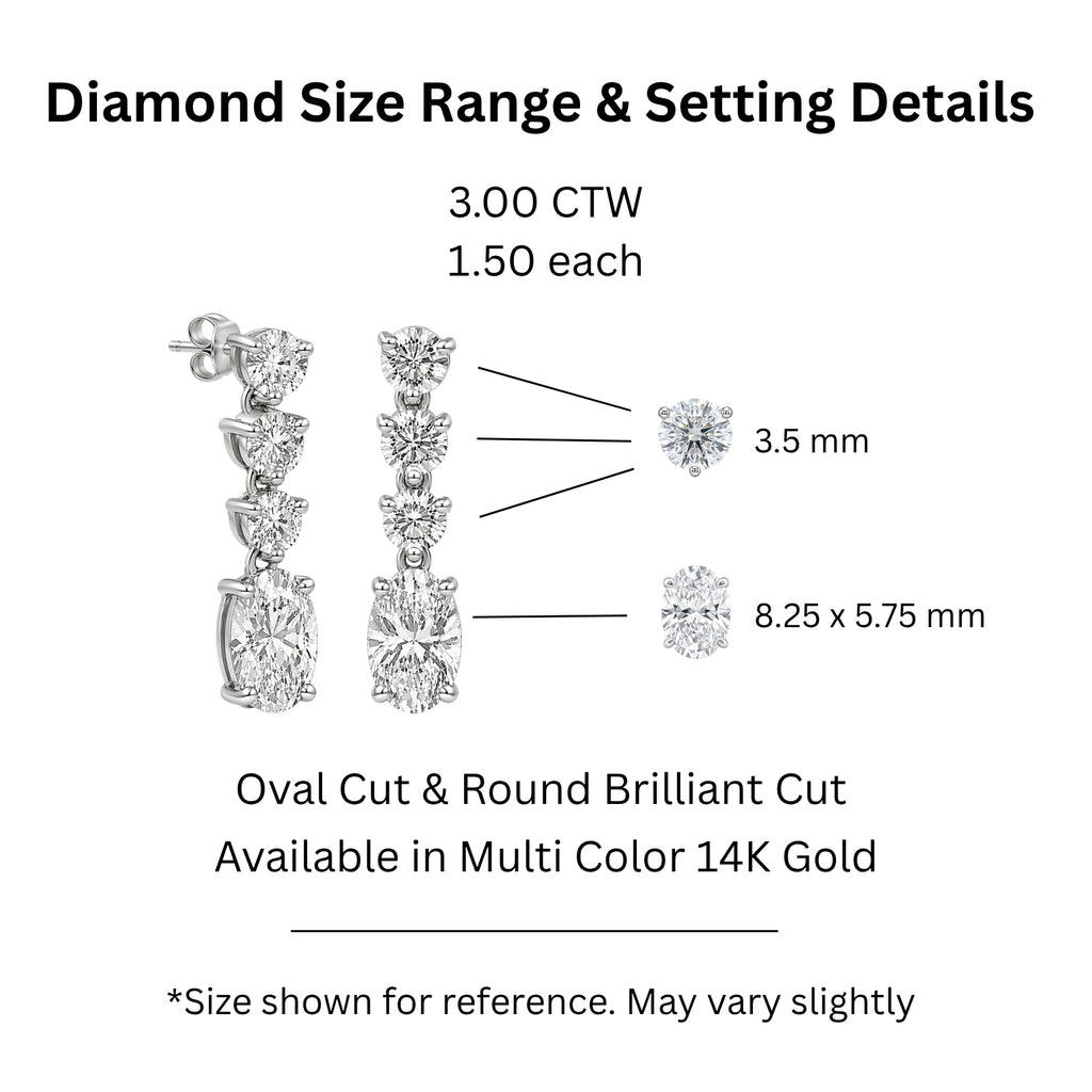 3.00 Carat T.W. Oval/Round-cut Lab Grown Diamond (F/VS+) 14K Gold Drop Earrings with Double Notch Post & Pushback