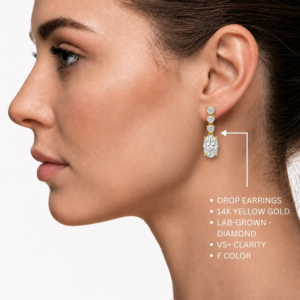 3.00 Carat T.W. Oval/Round-cut Lab Grown Diamond (F/VS+) 14K Gold Drop Earrings with Double Notch Post & Pushback