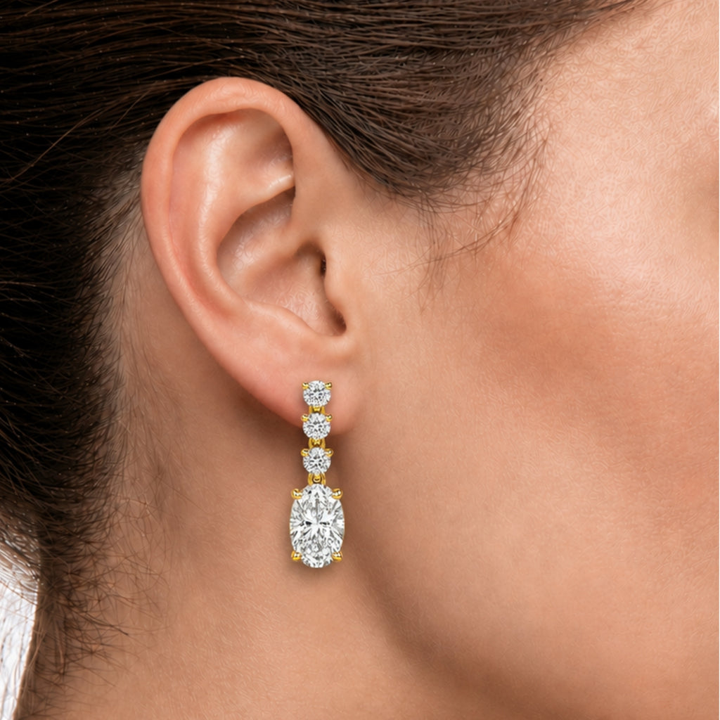 3.00 Carat T.W. Oval/Round-cut Lab Grown Diamond (F/VS+) 14K Gold Drop Earrings with Double Notch Post & Pushback