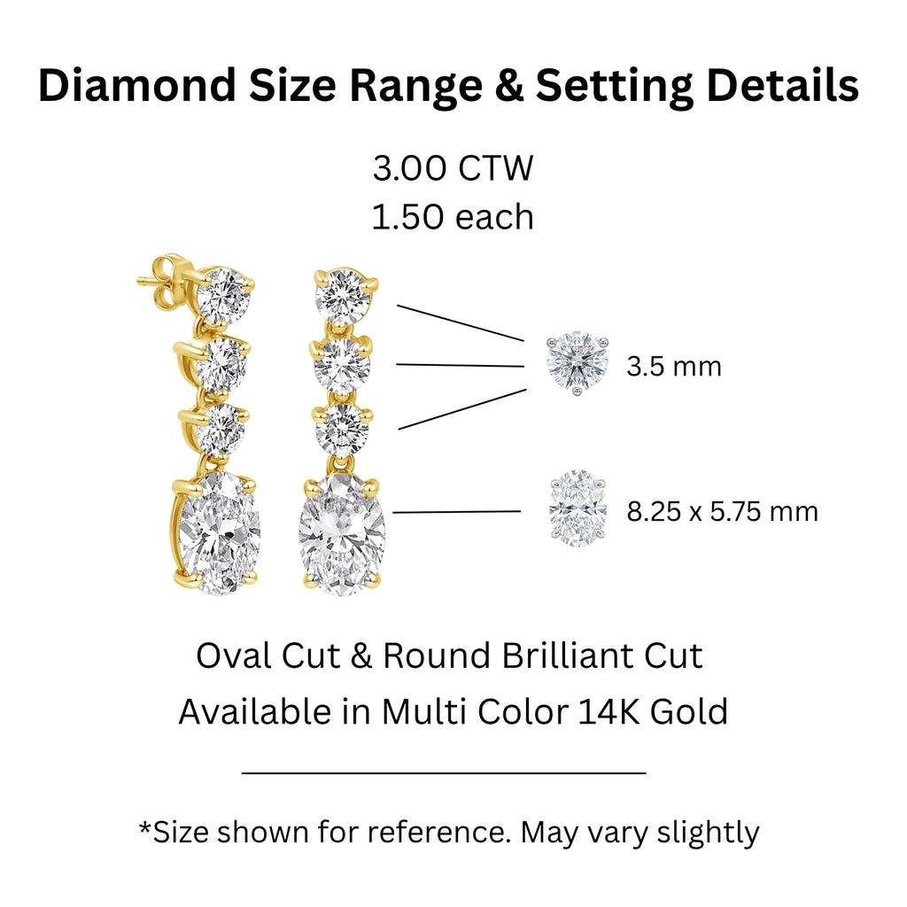 3.00 Carat T.W. Oval/Round-cut Lab Grown Diamond (F/VS+) 14K Gold Drop Earrings with Double Notch Post & Pushback