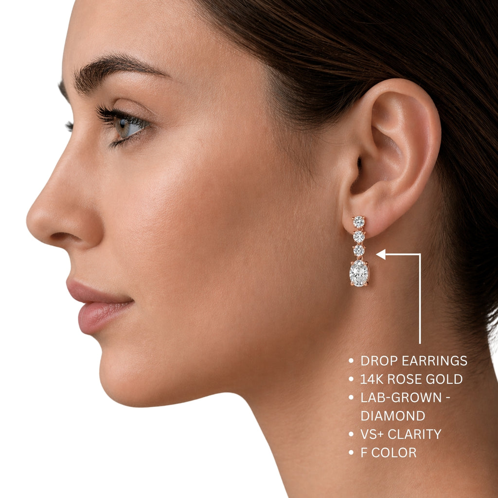 3.00 Carat T.W. Oval/Round-cut Lab Grown Diamond (F/VS+) 14K Gold Drop Earrings with Double Notch Post & Pushback