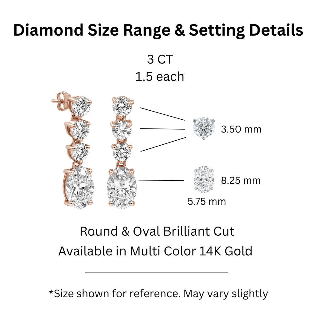 3.00 Carat T.W. Oval/Round-cut Lab Grown Diamond (F/VS+) 14K Gold Drop Earrings with Double Notch Post & Pushback