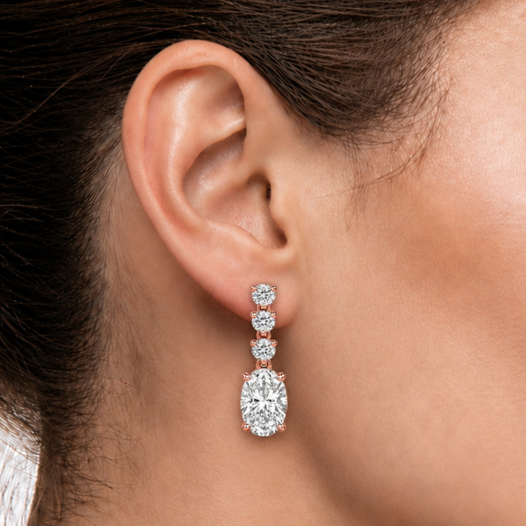 3.00 Carat T.W. Oval/Round-cut Lab Grown Diamond (F/VS+) 14K Gold Drop Earrings with Double Notch Post & Pushback