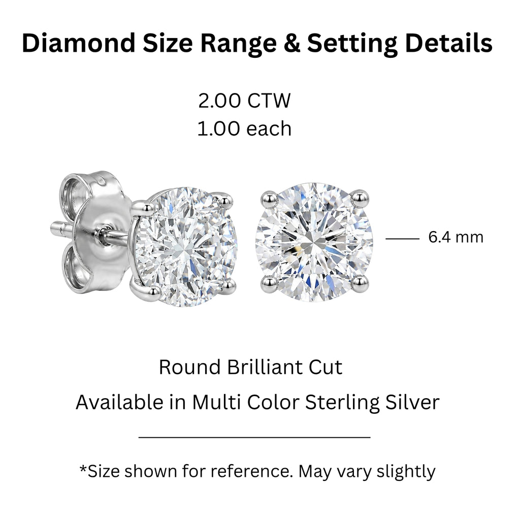 Diamonair Lab Grown Diamond (F/VS+) 2.00 carat Round cut Sterling Silver Stud Earrings - Sterling Silver