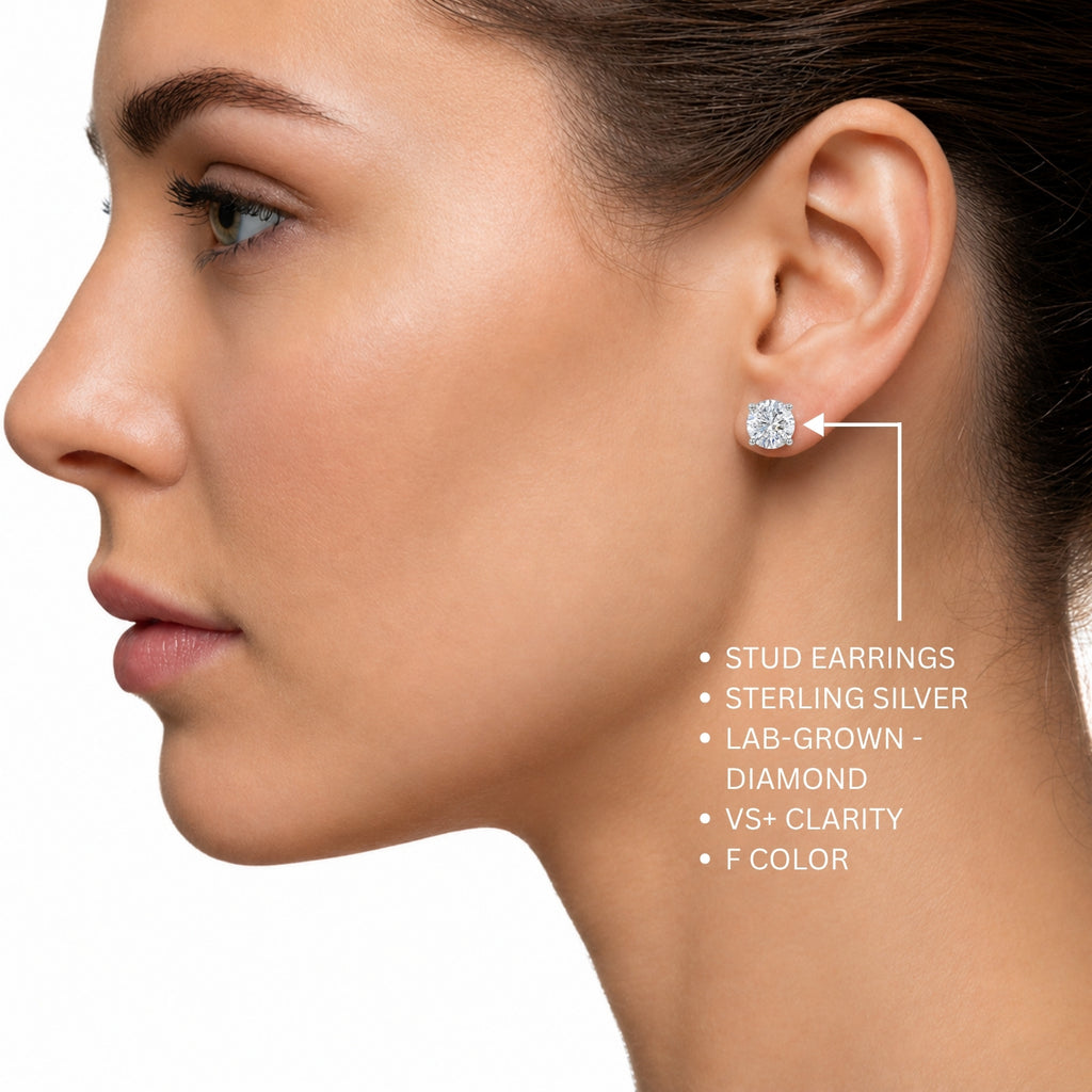 Diamonair Lab Grown Diamond (F/VS+) 5.00 carat Round cut Sterling Silver Stud Earrings - Sterling Silver | Gold over Silver