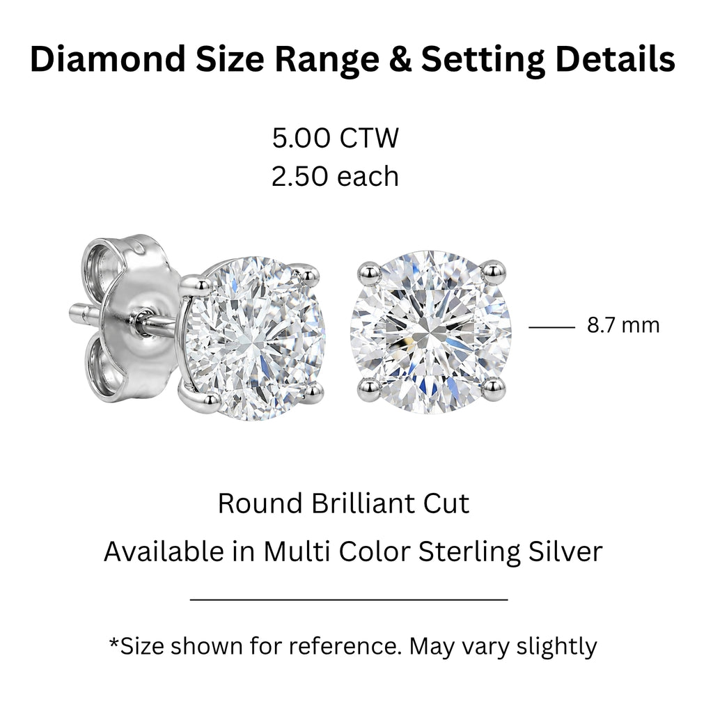 Diamonair Lab Grown Diamond (F/VS+) 5.00 carat Round cut Sterling Silver Stud Earrings - Sterling Silver | Gold over Silver