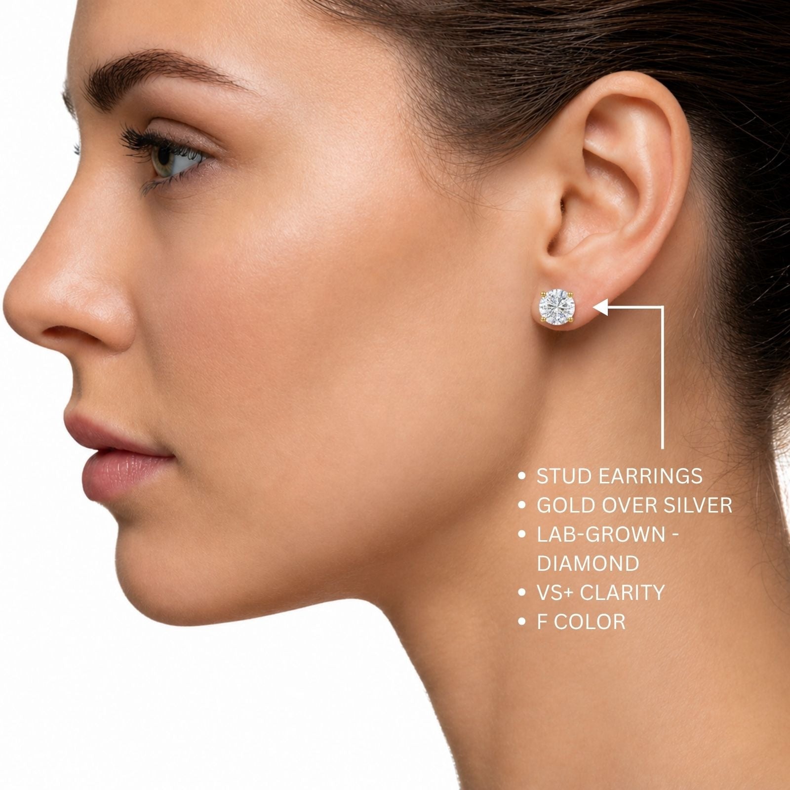 Diamonair Lab Grown Diamond (F/VS+) 5.00 carat Round cut Sterling Silver Stud Earrings - Sterling Silver | Gold over Silver