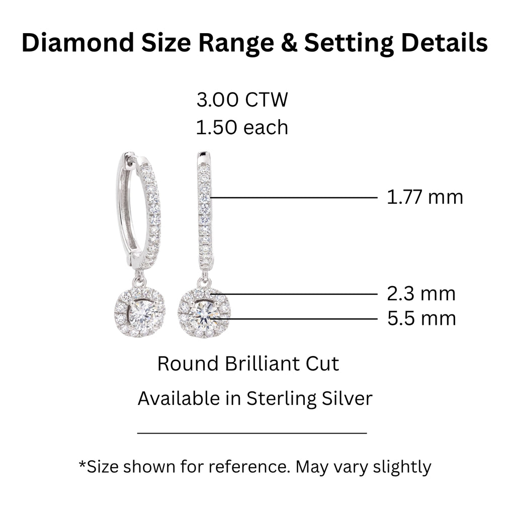 Diamonair Lab-Grown Diamond Earrings for Women | Sterling Silver | Round Cut | Prong, Lever Back | F Color, VS+ Clarity | 3.00 Total Carat Weight | Anniversary, Wedding, Birthday Gift