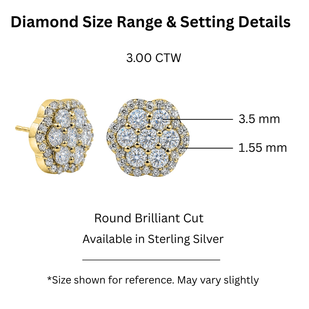 Diamonair Lab Grown Diamond (F/VS+) 3.00 carat Round cut Sterling Silver Cluster Earrings - Sterling Silver | Gold over Silver