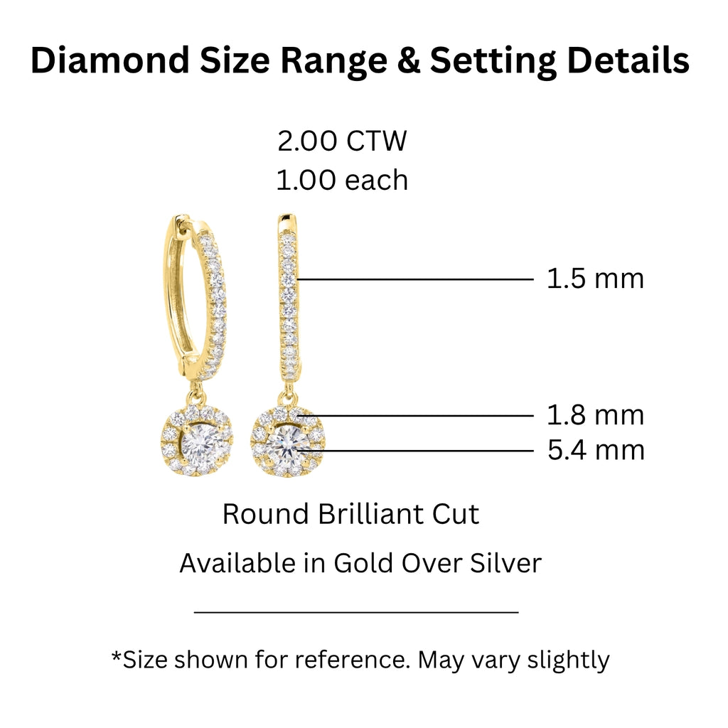 Diamonair Lab Grown Diamond (F/VS+) 2.00 carat Round cut Sterling Silver Dangle Earrings - Sterling Silver | Gold over Silver