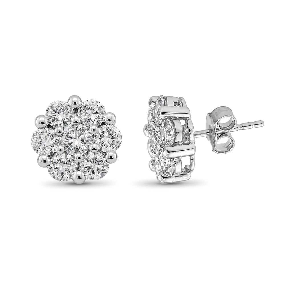 Diamonair Lab Grown Diamond (F/VS+) 2.00 carat Round cut Sterling Silver Cluster Earrings - Sterling Silver | Gold over Silver