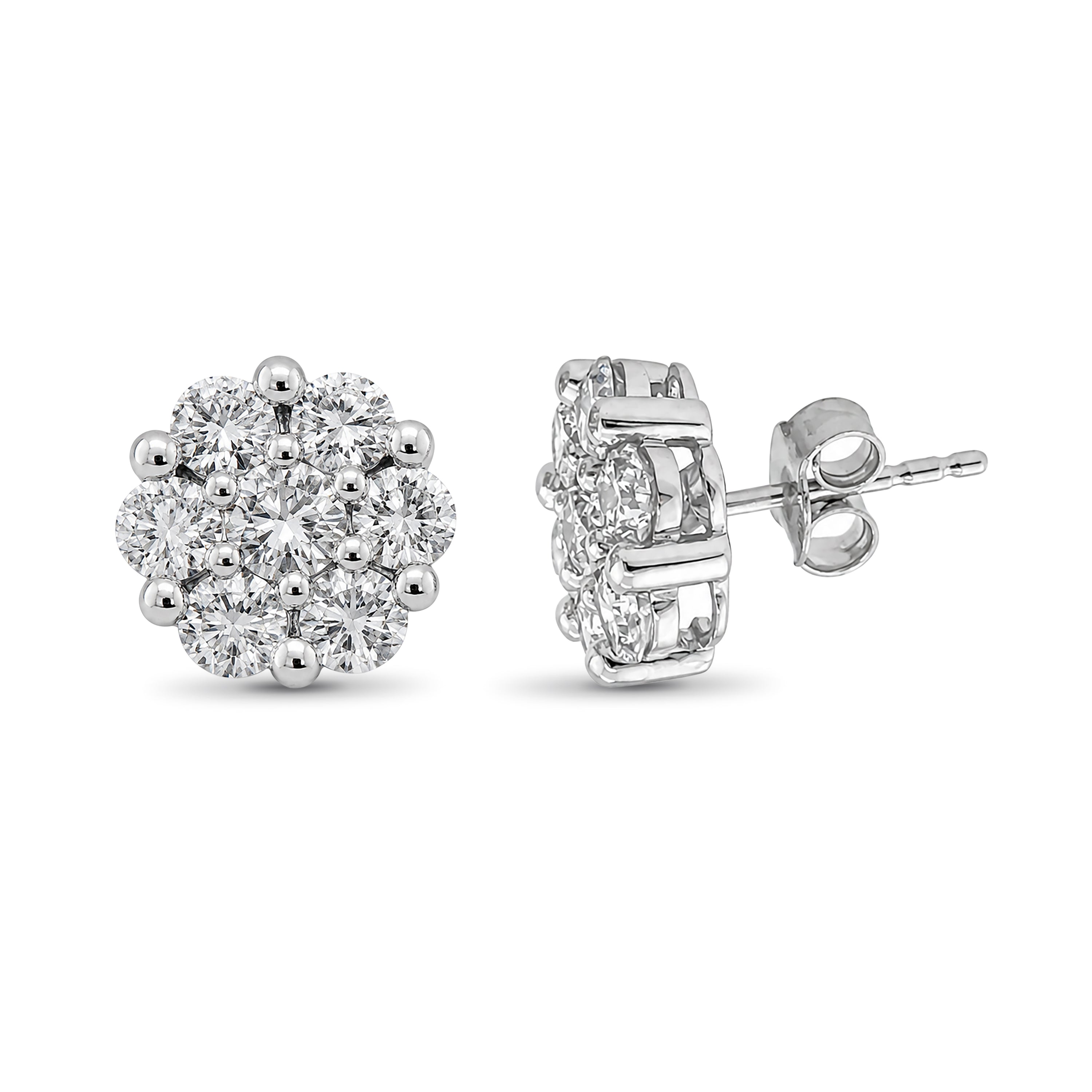 Diamonair Lab Grown Diamond (F/VS+) 2.00 carat Round cut Sterling Silver Cluster Earrings - Sterling Silver | Gold over Silver