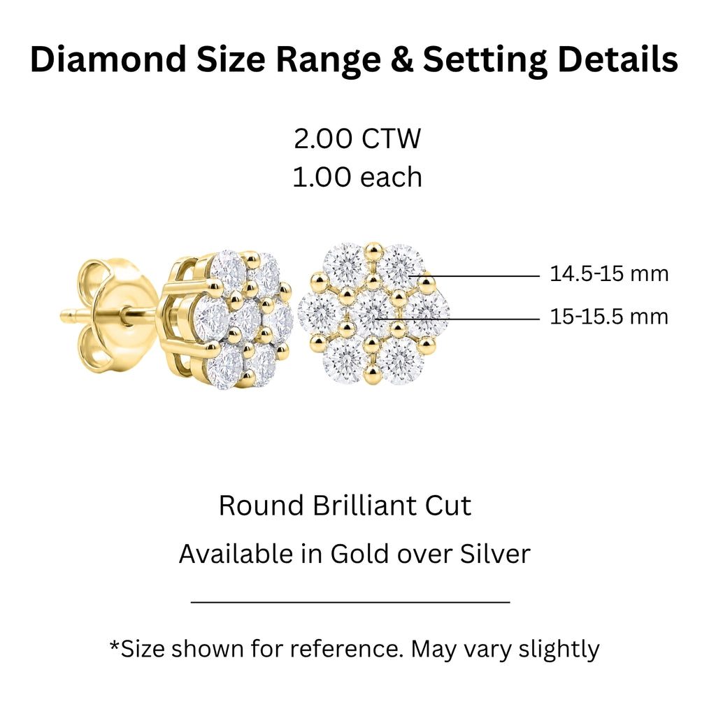 Diamonair Lab Grown Diamond (F/VS+) 2.00 carat Round cut Sterling Silver Cluster Earrings - Sterling Silver | Gold over Silver