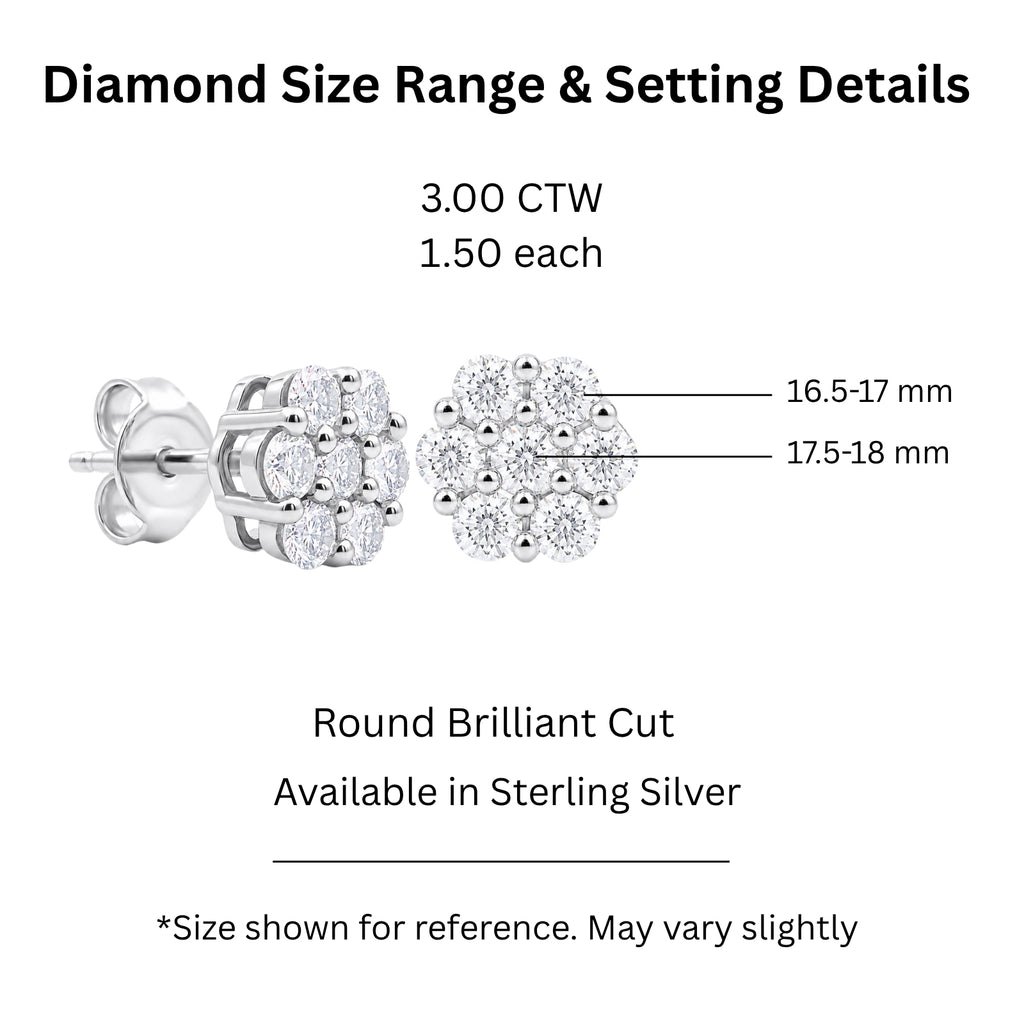 Diamonair Lab Grown Diamond (F/VS+) 3.00 carat Round cut Sterling Silver Cluster Earrings - Sterling Silver | Gold over Silver